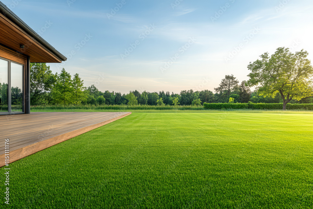 Obraz premium Expansive green lawn beside modern home with spacious wooden deck on a sunny afternoon