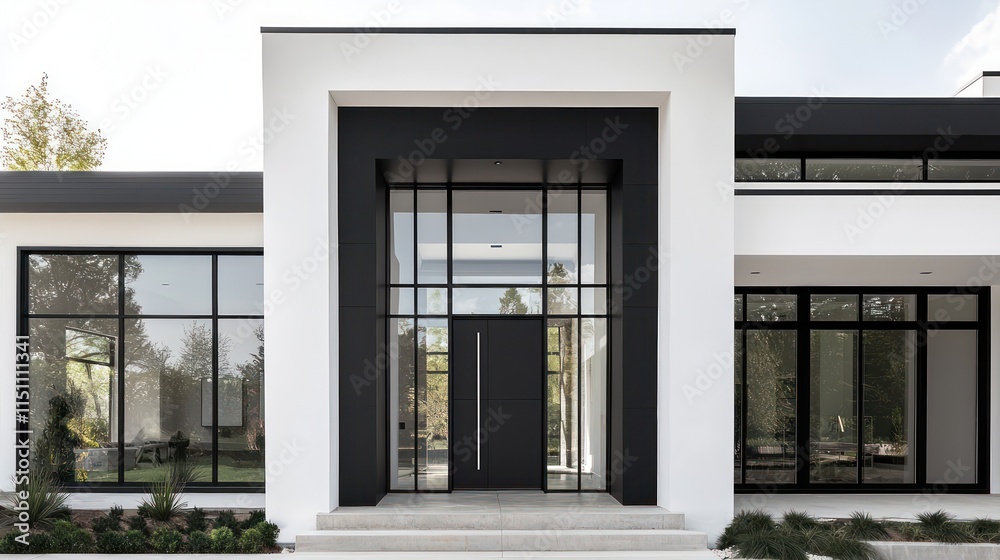 Fototapeta premium Dramatic black-and-white entryway with modern door, large windows, and minimalist aesthetics.