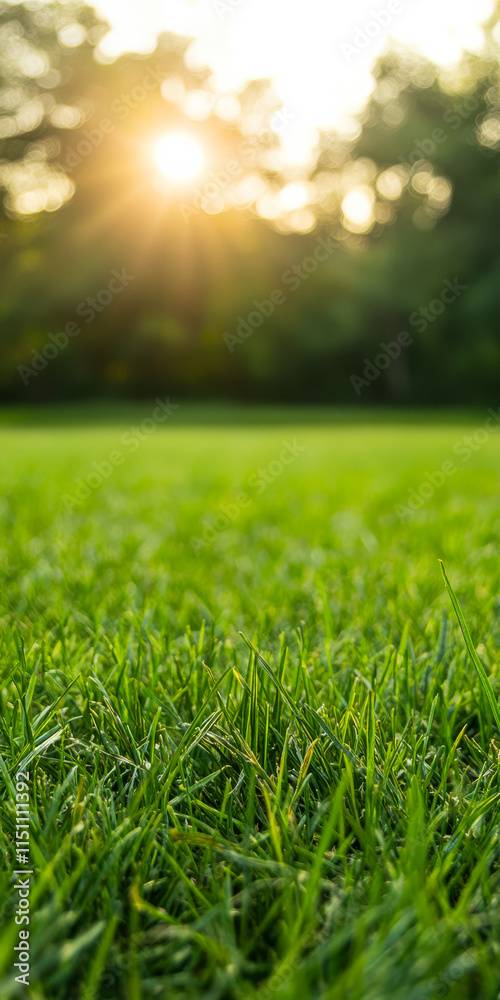 Sunlight illuminates lush green grass in a tranquil outdoor environment during sunset Sunlight illuminates lush green grass in a tranquil outdoor environment during sunset