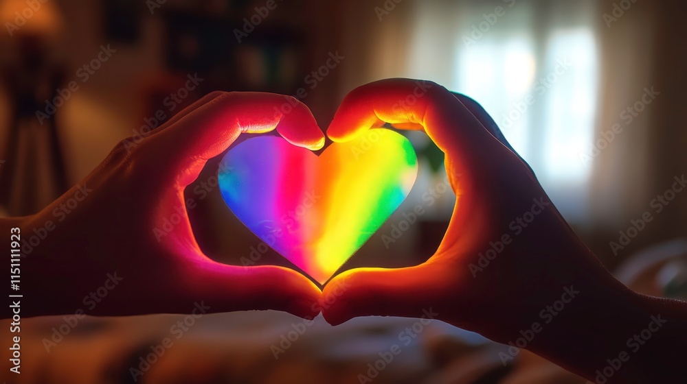 Colorful Heart Shaped Light between Hands Colorful Heart Shaped Light between Hands