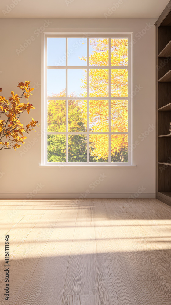 Fototapeta premium Bright autumn morning light streaming through a large window in a cozy room
