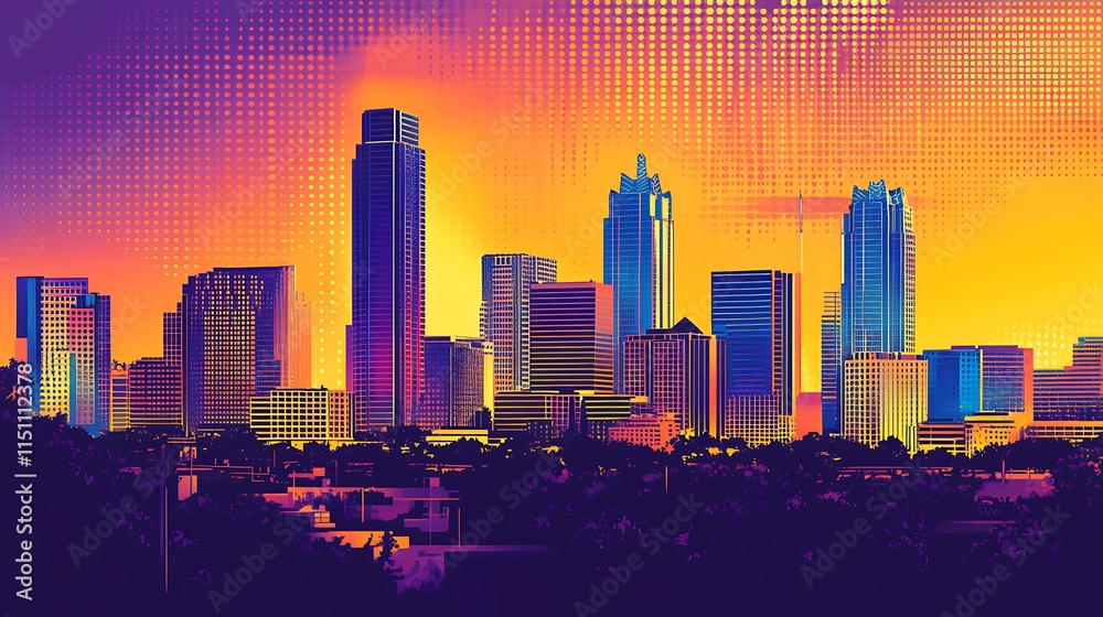 Fototapeta premium Cityscape with vibrant sunset.