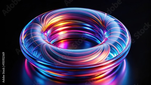 Glossy grooved glass torus reflecting neon light isolated on black background, render, vibrant, red, gold, geometric, abstract