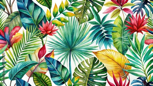 Silhouette Tropical Plants Watercolor Pattern AI Photo