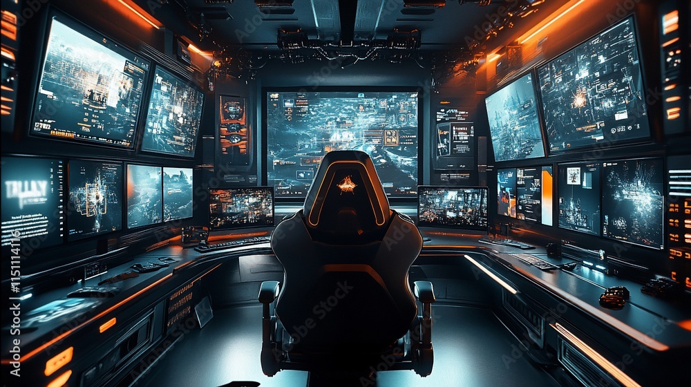 Naklejka premium A high-tech gaming setup featuring multiple screens and a gaming chair.