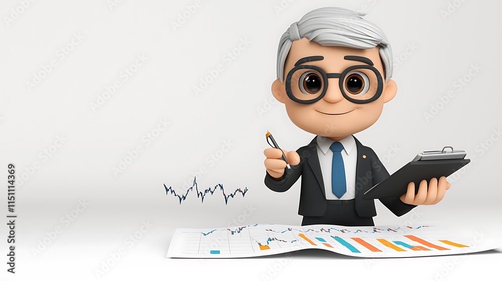 Cartoon Businessman Analyzing Financial Charts Data Cartoon Businessman Analyzing Financial Charts Data