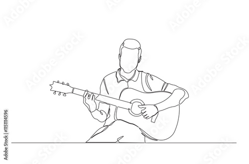 Acoustic guitar player continuous one line drawing. Playing guitar single line art illustration. Editable vector.