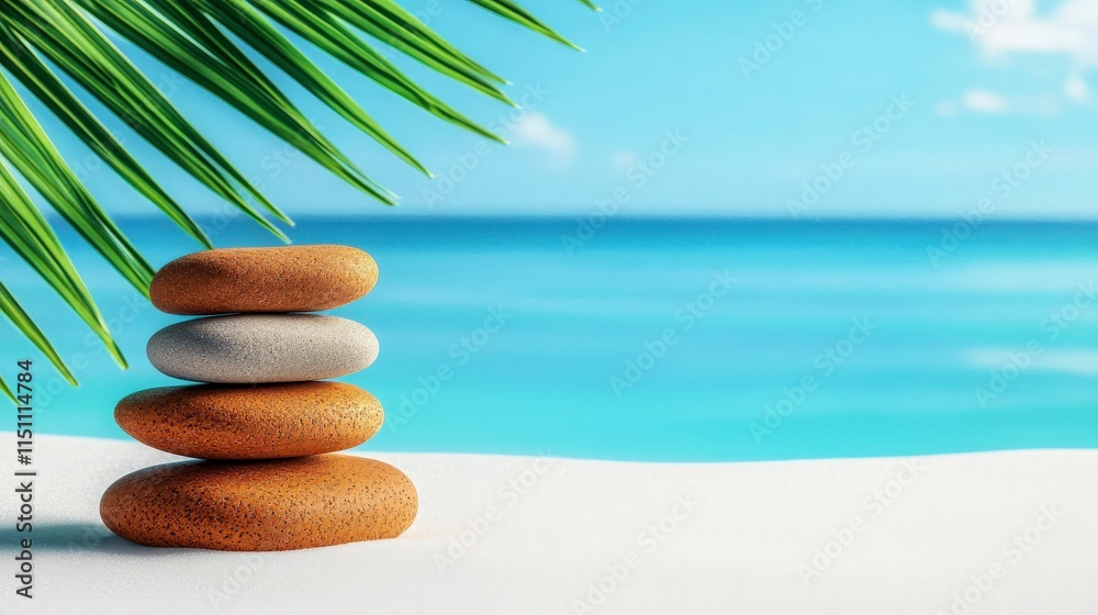Stacked Stones on Beach with Palm Leaf Stacked Stones on Beach with Palm Leaf