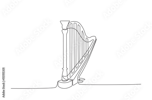 Classic harp continuous one line drawing. Musical harp single line art illustration. Editable vector.