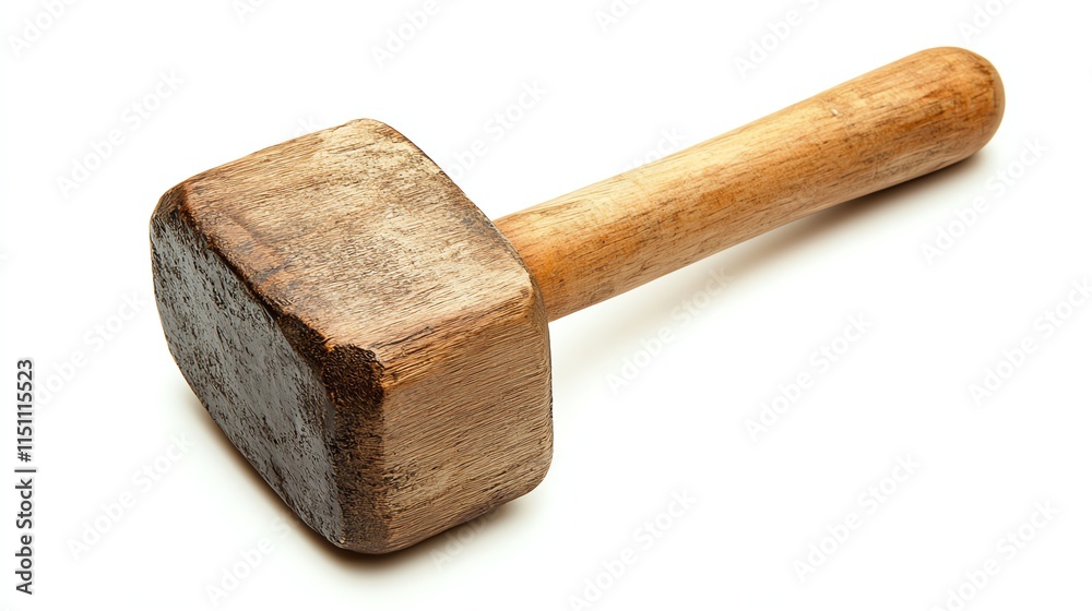 Wooden mallet with a worn head on a white isolated background.