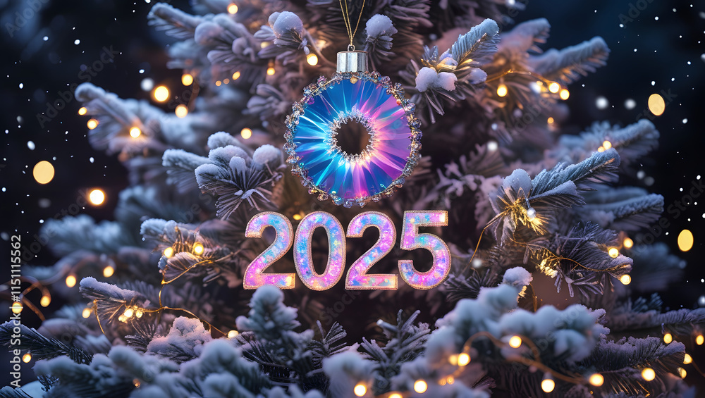 Fototapeta premium 2025 New Year's Eve Ornament: A shimmering, colorful ornament hangs from a frosted Christmas tree branch, with the year 