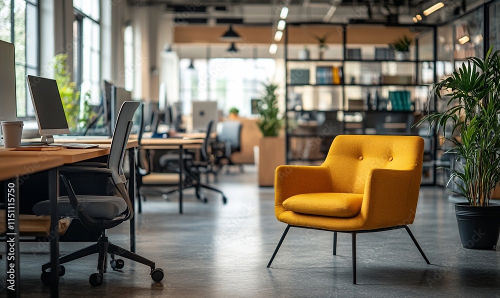 A modern office space featuring a yellow chair amidst workstations. A modern office space featuring a yellow chair amidst workstations.