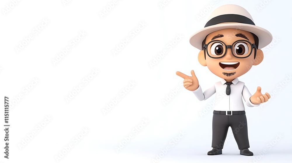 Friendly 3D Cartoon Businessman Presentation Happy Smiling Gesturing Friendly 3D Cartoon Businessman Presentation Happy Smiling Gesturing