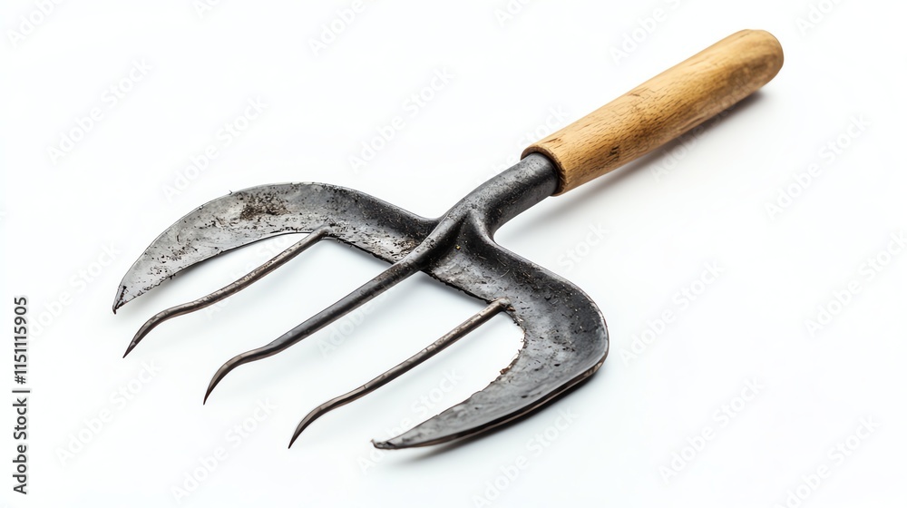 Garden hand fork with wooden handle, white isolate background Garden hand fork with wooden handle, white isolate background