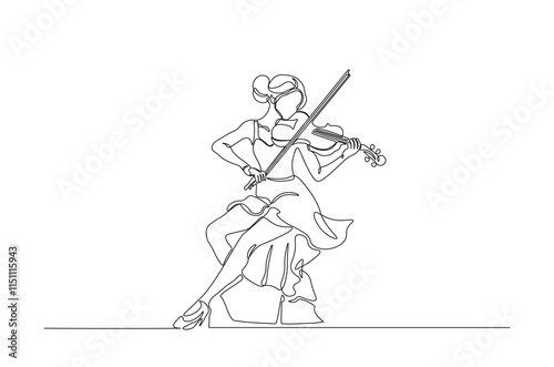 Beautiful girl playing violin continuous one line drawing. Classic violin music instrument single line art illustration. Editable vector.