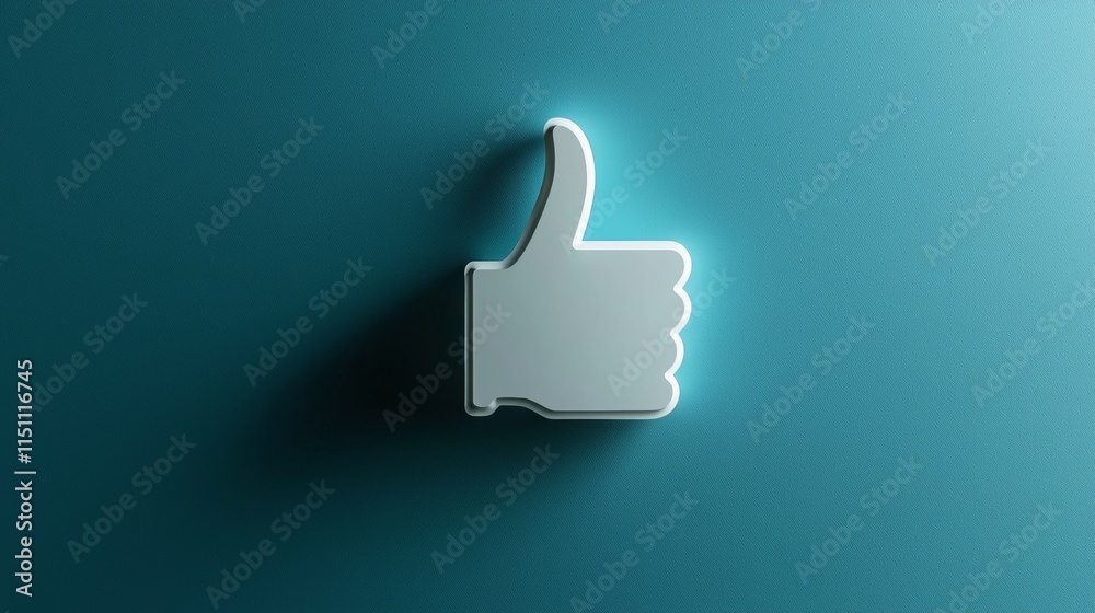 Sleek modern thumbs up symbol illuminated against a turquoise background Sleek modern thumbs up symbol illuminated against a turquoise background