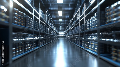 A modern warehouse interior with shelves stocked with containers.