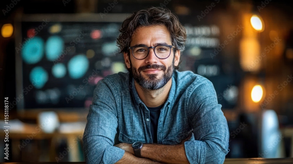 Fototapeta premium A smiling man with glasses poses in a cozy cafe setting, exuding warmth and approachability.