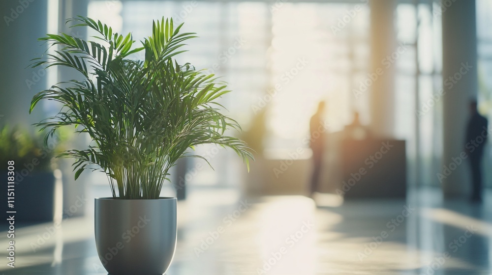 A potted plant in a bright, modern lobby with people in the background. A potted plant in a bright, modern lobby with people in the background.