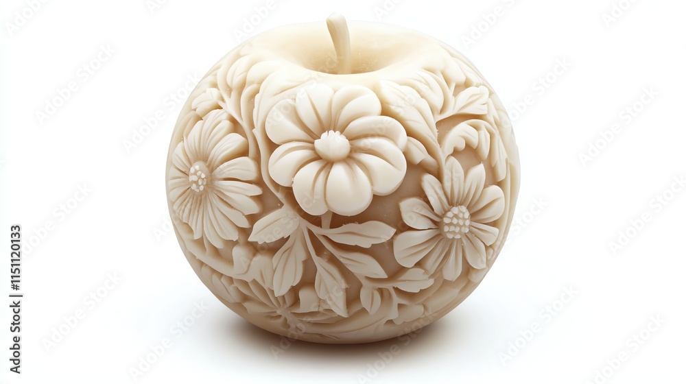 Intricately carved floral candle with delicate designs, isolated on white background. Intricately carved floral candle with delicate designs, isolated on white background.