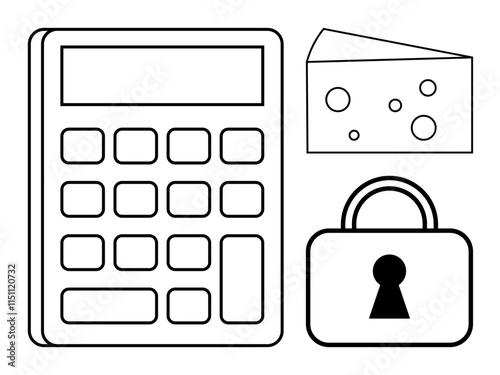 Calculator with numeric keypad, slice of cheese with holes, padlock with keyhole as symbols. Ideal for education, security, food industry, dairy products, mathematics, problem-solving financial