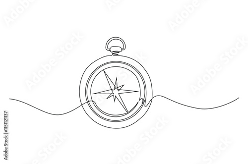 Magnetic compass continuous one line drawing. Land, sea, navigation, geography compass single line art illustration. Editable vector.