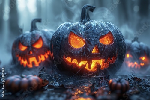 Frightening jack-o'-lanterns glowing in the dark with smoke and mist. AI generative. . photo