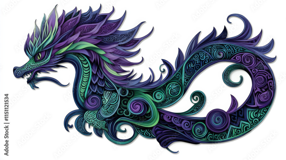 A stunning cut-out design of an abstract dragon with flowing mane, surrounded by swirling patterns, rich violet and emerald green tones A stunning cut-out design of an abstract dragon with flowing mane, surrounded by swirling patterns, rich violet and emerald green tones