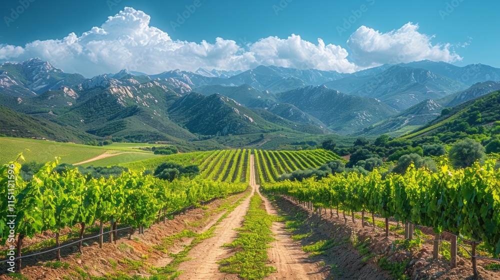Vineyard path leading to distant mountains under a blue sky with white clouds. AI generative. . Vineyard path leading to distant mountains under a blue sky with white clouds. AI generative. .