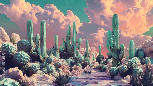 Vibrant desert landscape with cacti under colorful clouds. photo