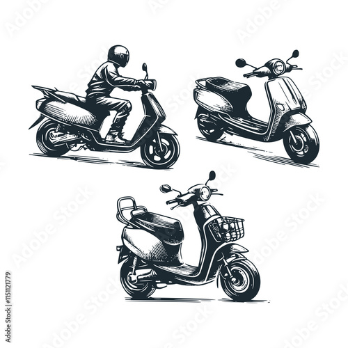 The automatic scooter. Black white vector illustration.