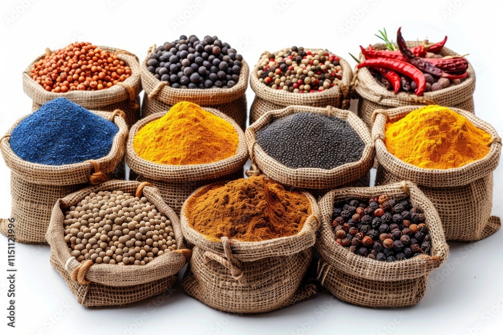 Assortment of spices in burlap bags on white background. AI generative. . Assortment of spices in burlap bags on white background. AI generative. .