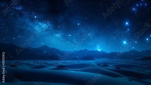 Starry night sky over a desert landscape with mountains in the distance. AI generative. .