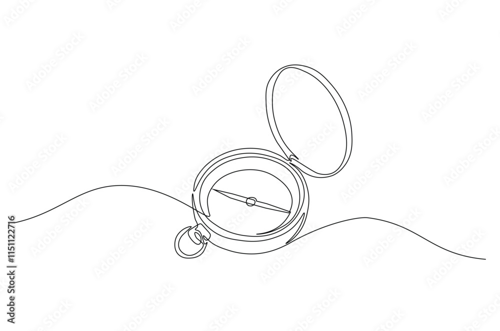 Obraz premium Magnetic compass continuous one line drawing. Land, sea, navigation, geography compass single line art illustration. Editable vector.