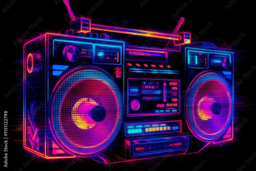 Fototapeta premium Neon-colored boombox with glowing speakers on a black background. AI generative. .