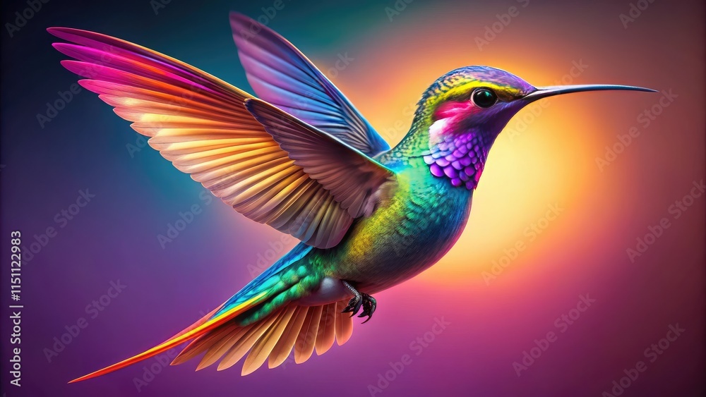 Fototapeta premium Surreal Flying Hummingbird 3D Illustration, Gradient Shapes