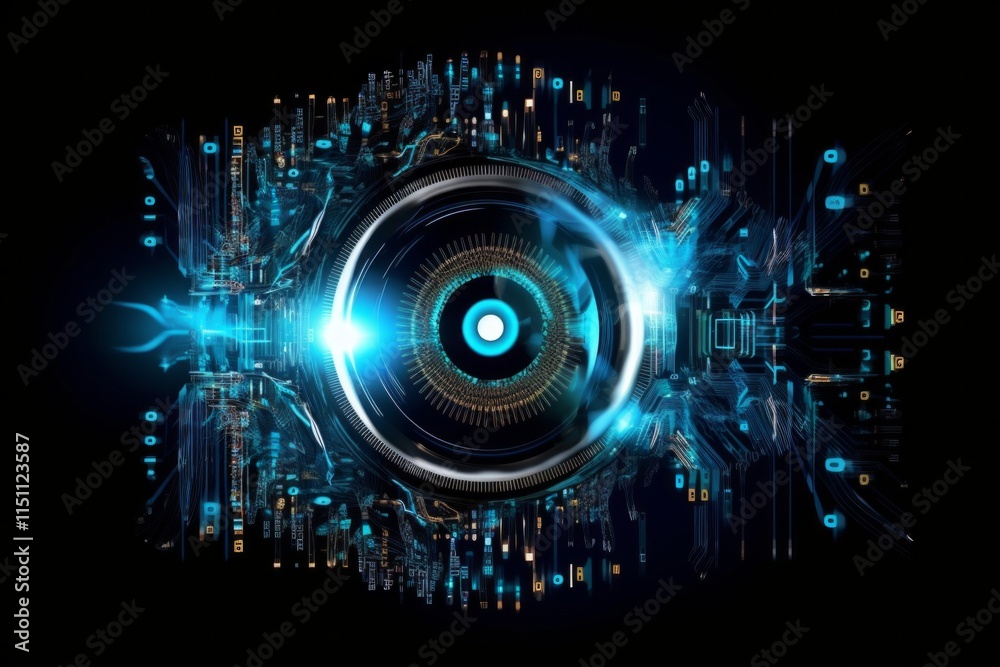 Obraz premium A glowing blue eye surrounded by a circuit board. AI generative. .