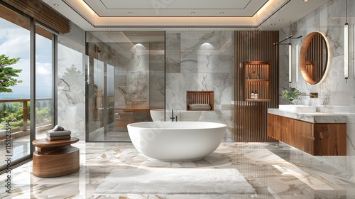 Modern bathroom with marble walls, a freestanding bathtub, and wooden accents. AI generative. .