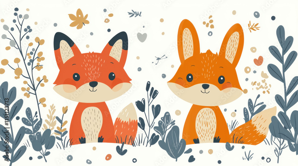 Obraz premium Cute cartoon foxes and bunnies surrounded by colorful foliage and flowers