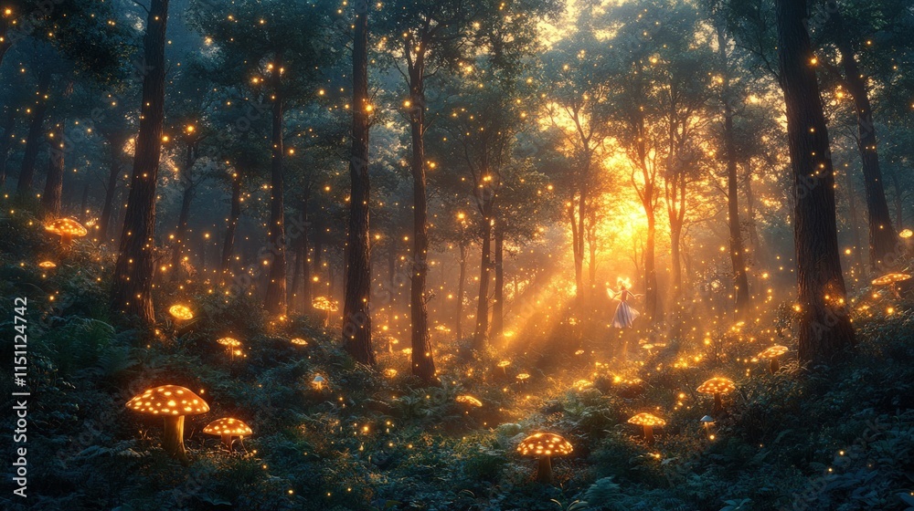 Fototapeta premium Enchanted forest, glowing mushrooms, fairy.