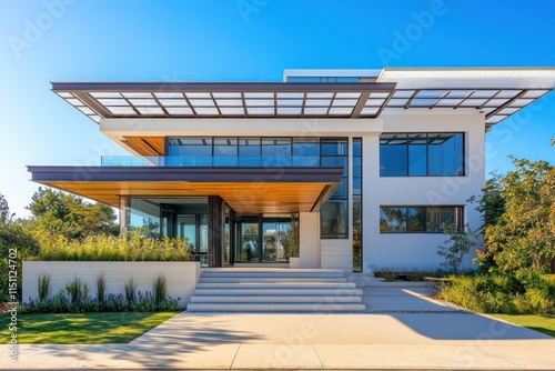 Front elevation of a high-tech modern home with retractable walls and an automated roofing system. photo