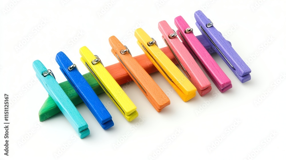 Colorful clothespins arranged in a line on a white background. Colorful clothespins arranged in a line on a white background.
