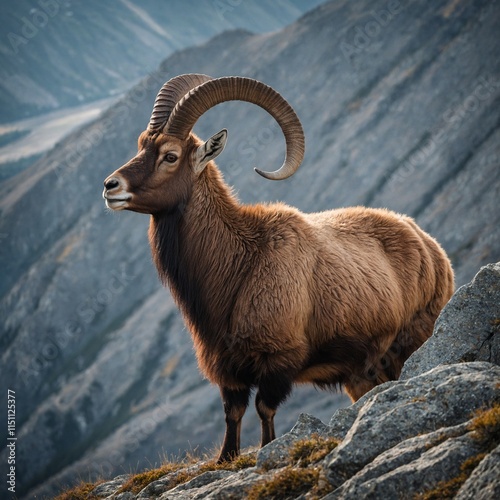 An ibex standing majestically on a rocky mountain ridge. photo