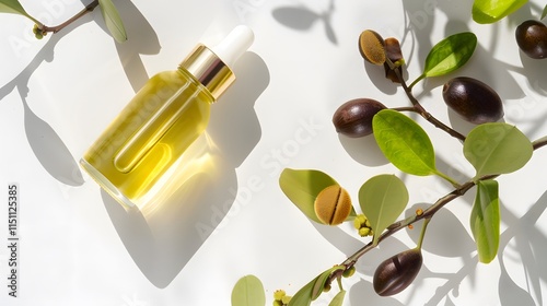 A clear glass bottle of jojoba oil with a dropper, perfect for skincare and essential beauty routines in a serene environment.