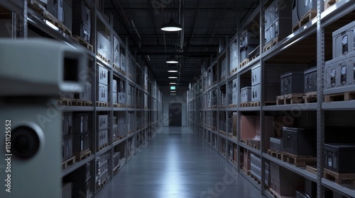 A high-security warehouse with surveillance cameras, reinforced doors, and tightly packed valuable items