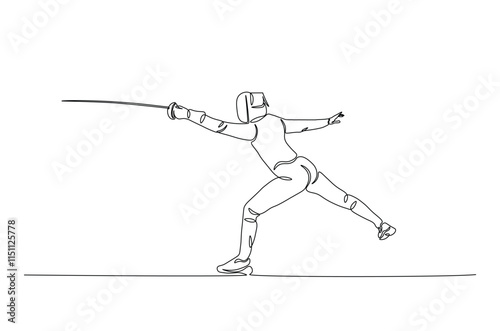 Fencer continuous one line drawing. Fencing sport single line art illustration. Editable vector.