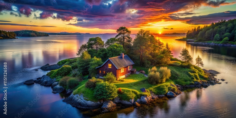 Fototapeta premium Tranquil Island Cottage: Low Light Solitude