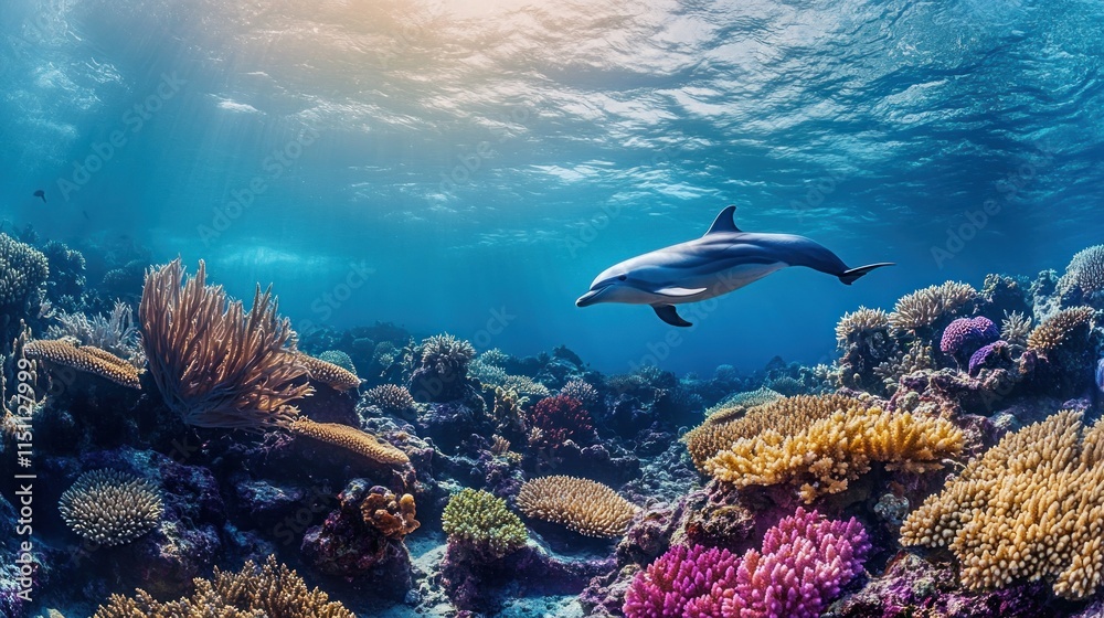 Dolphin Gracefully Swimming Through Vibrant Coral Reef Dolphin Gracefully Swimming Through Vibrant Coral Reef