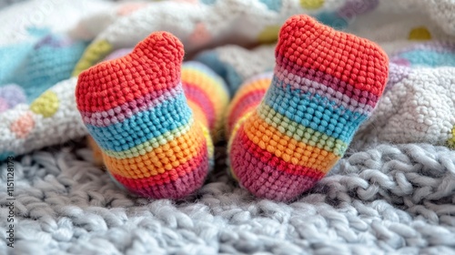 Tiny baby feet in a cute pair of socks, resting on a blanket photo