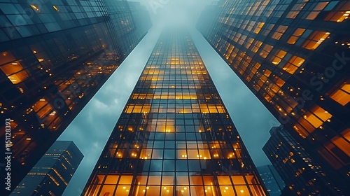 Wallpaper Mural Three tall skyscrapers, with windows glowing yellow in the evening light. AI generative. . Torontodigital.ca